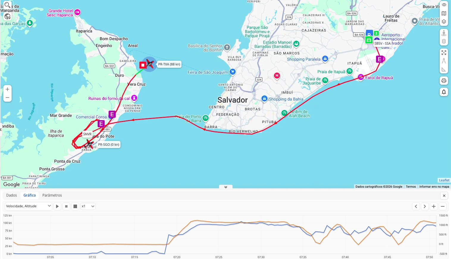 Rota real de aeronave e gráfico de velocidade e altitude