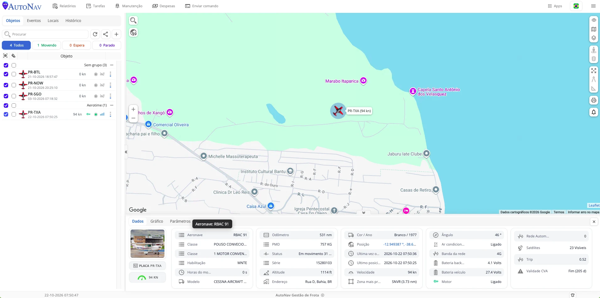 Captura real da AutoNav com localização e dados da aeronave